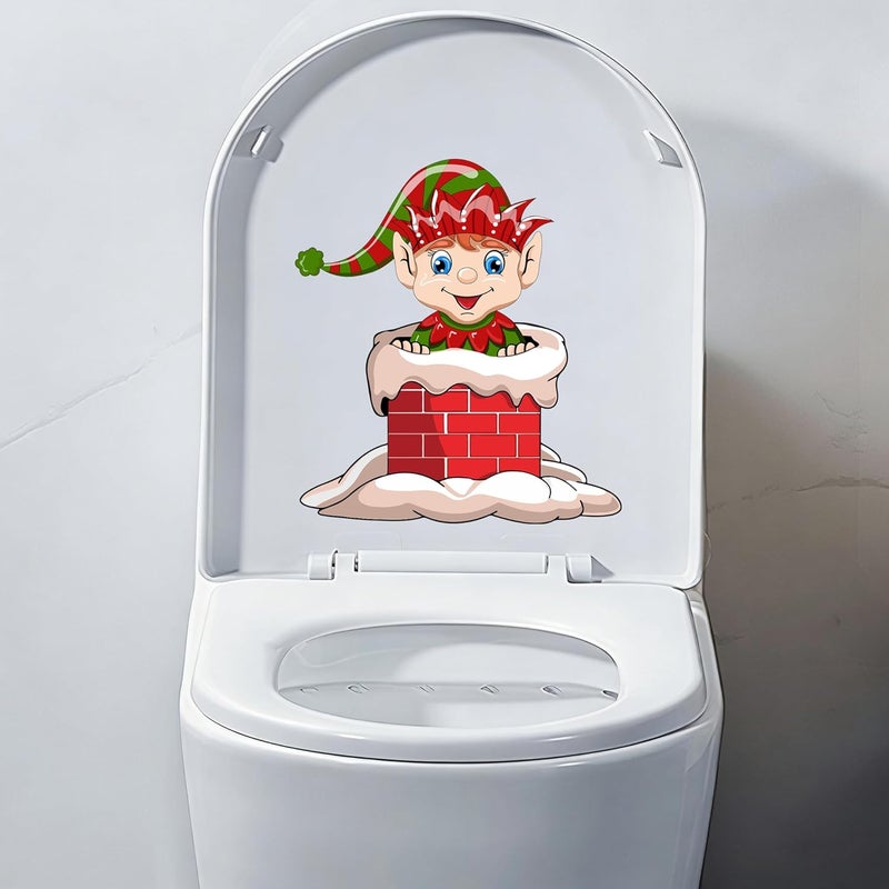 Iprokiu Christmas Toilet Sticker Chimney Santa Claus Reindeer Elf Toilet Seat Cover Decal Home Decor Waterproof Christmas Wall Sticker Elk Toilet Seat Lid Decal (Elf) - Image 1